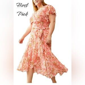 Tanya Taylor Womens Blaire Faux Wrap Flutter Sleeve Midi Dress Guava Multi Sz 20